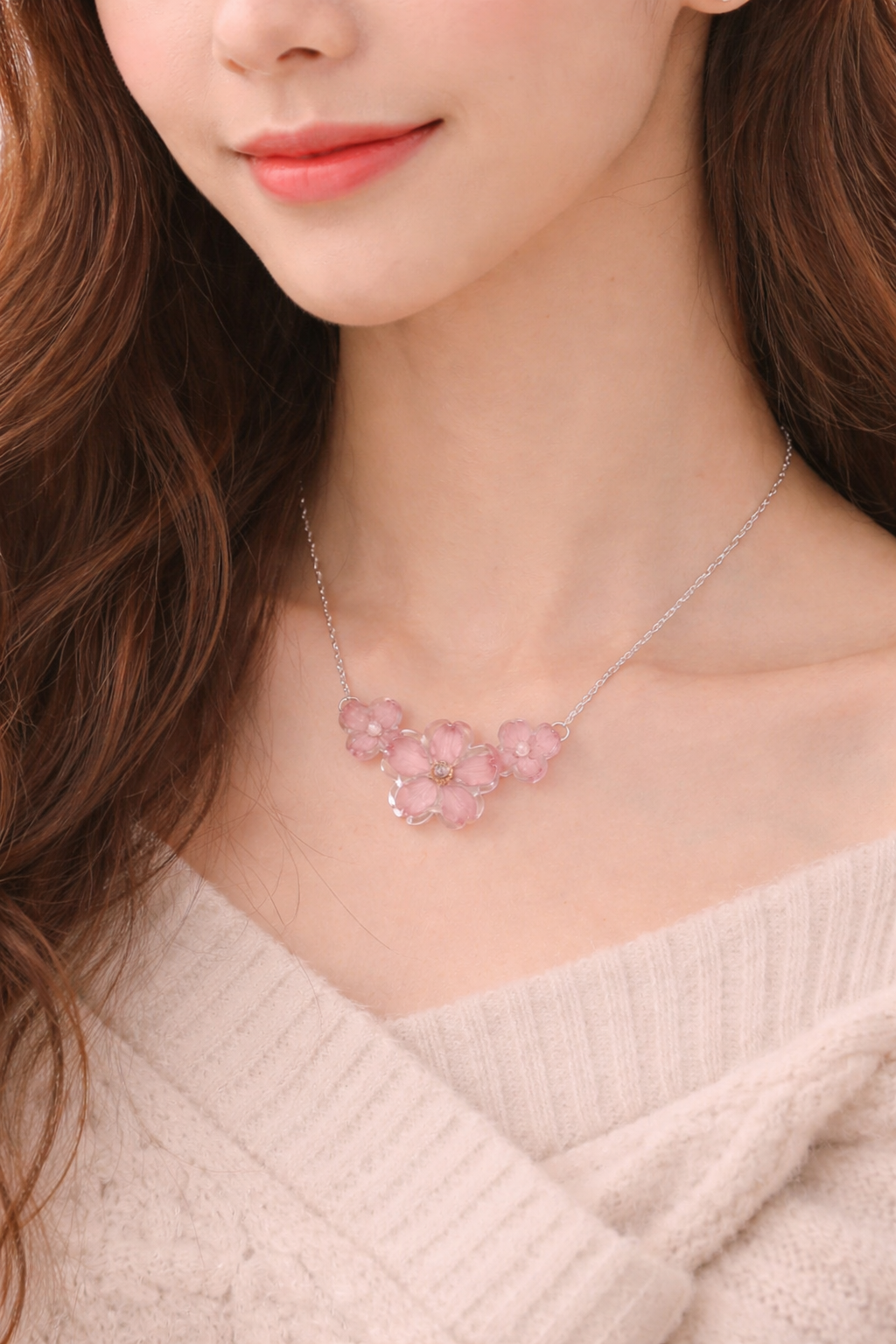 Real Triple Cherry Blossom pendant Necklace, Sterling Silver Chain| Gift for her