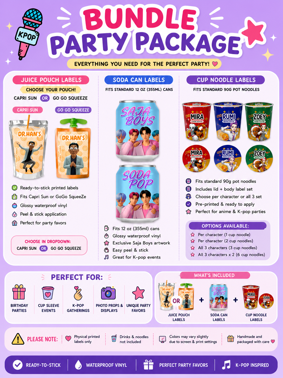 Kpop Demon Hunter Party Package | 90pcs Sticker Label Bundle | Noodle, Capri Sun & Soda Can Labels