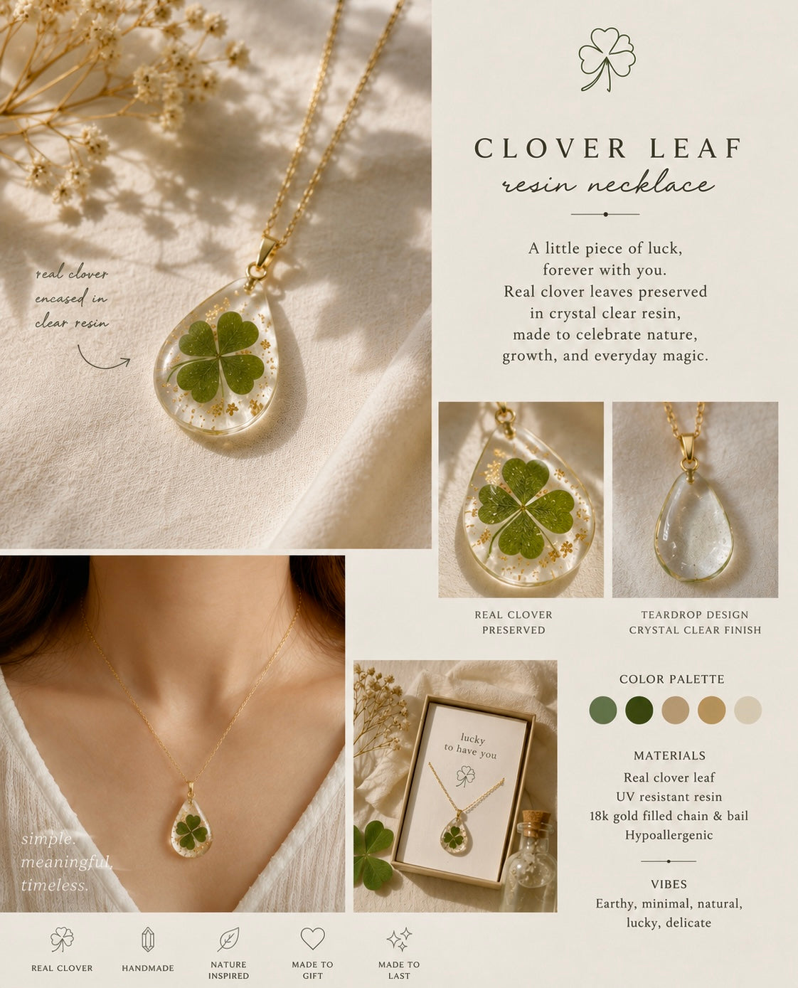 Handmade Real Four Leaf Clover Lucky Necklace